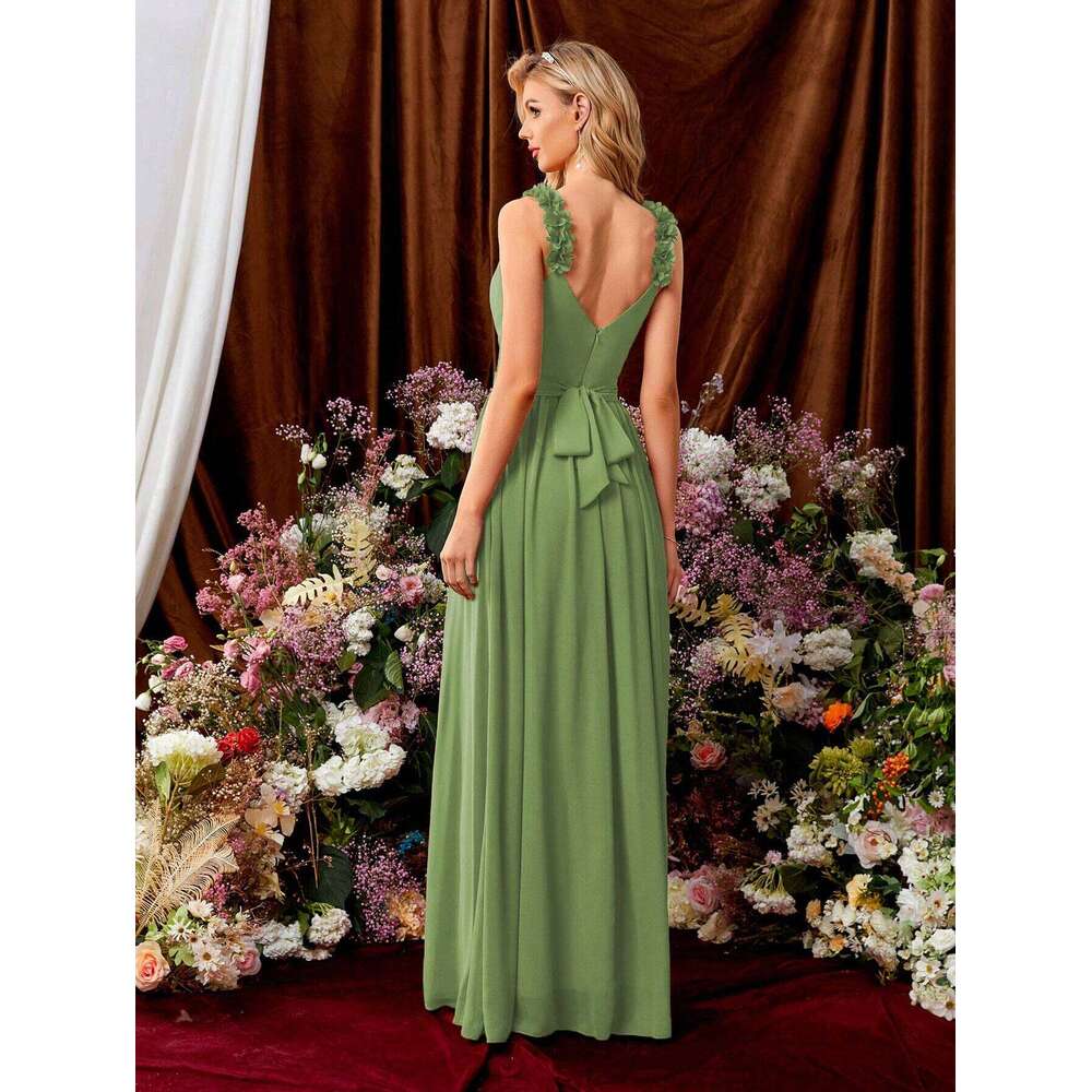 Clover Bridal Ruched ral Straps Chiffon Plicated Detail Tie Back Bridesmaid Dresses Green Long robes