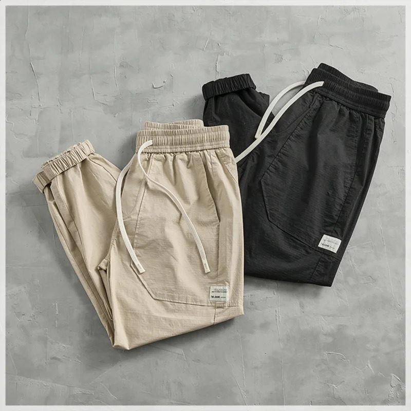 Summer quickdrying and scratchproof fabric binding feet casual pants mens cargo stand cut elastic comfortable waist b 240715