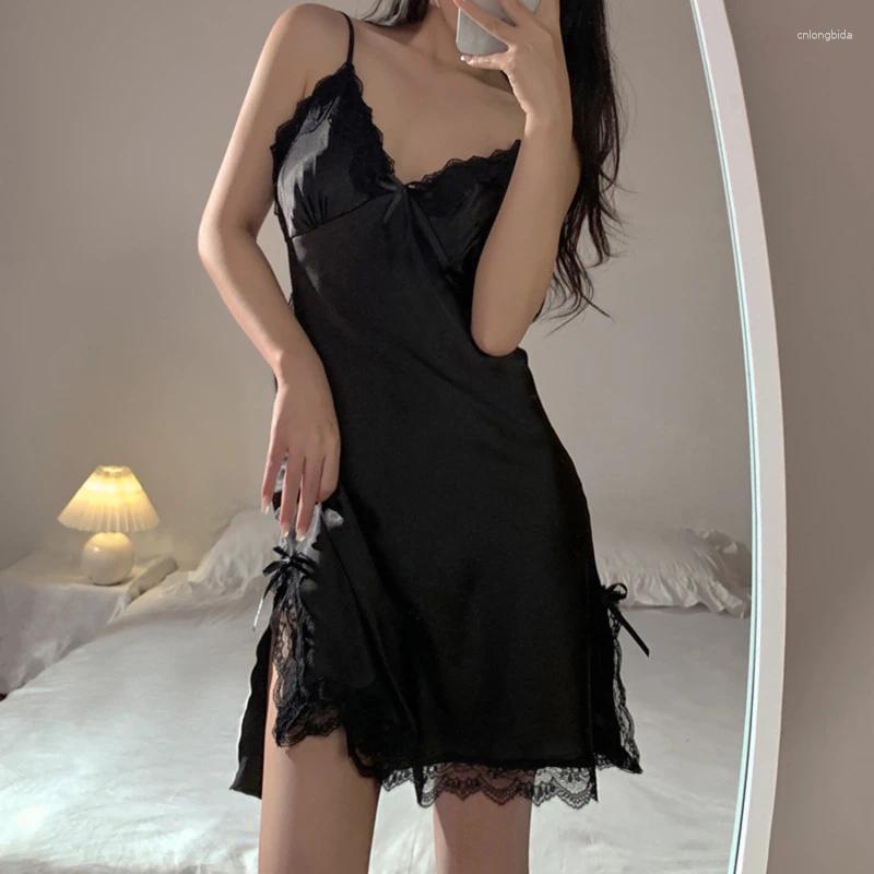 Women's Sleepwear Sexy Lace V Neck Lingerie Dresses Women Night Dress Satin Up Sleeveless Gown Bathrobe Nightdress