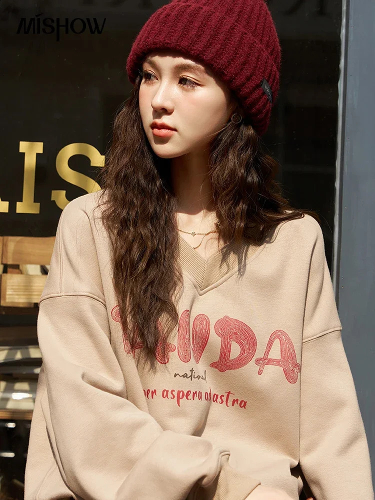 MISHOW Womens Letter Printed Vneck Oversized Sports Shirt Autumn Winter Fashion Casual Loose Soft Office Top MXC47V0024 240827