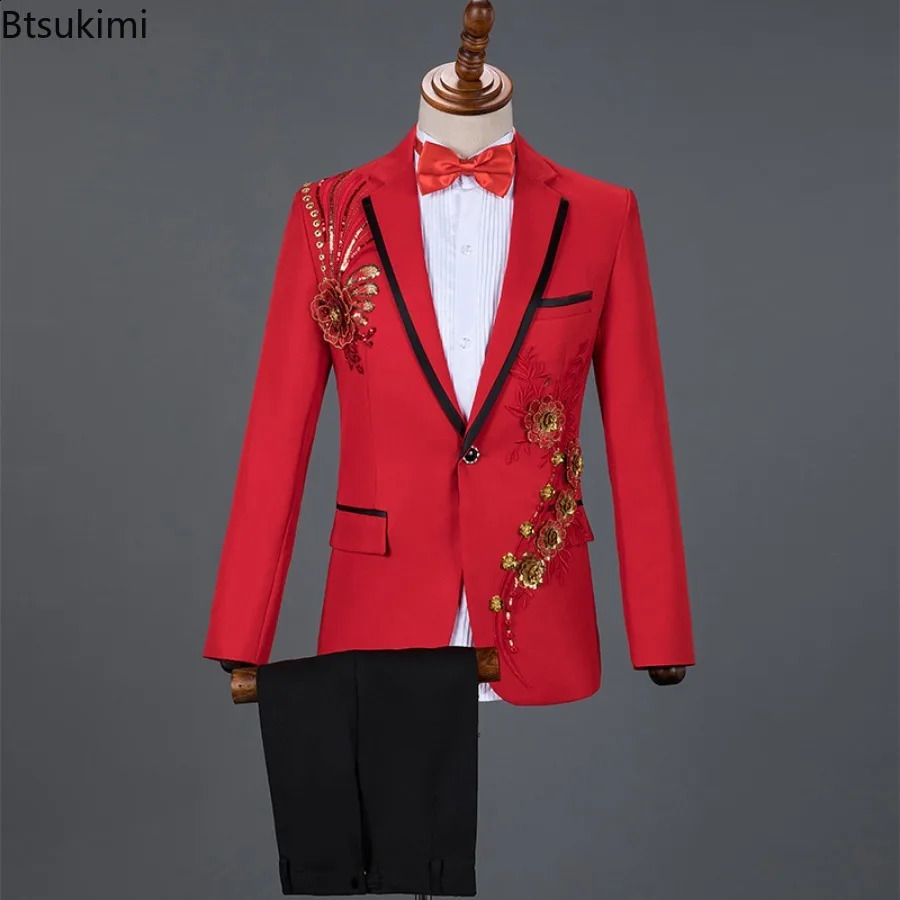 Fashion Sequin Embroidery Suit Men Wedding Groom Tuxedo Suits and Pants 2PCS Sets Single Button Lapel Stage Costume 240807