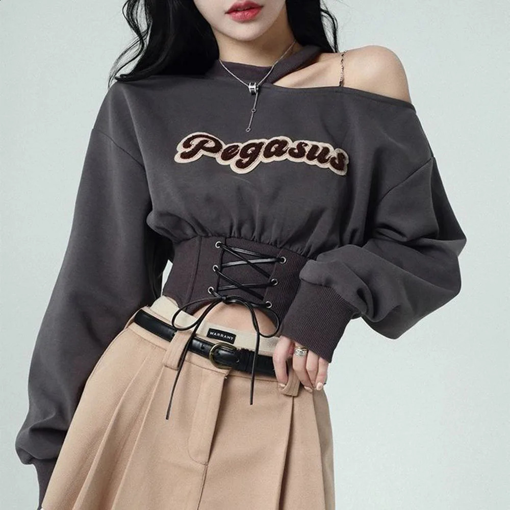 Harajuku Cropped Women Sweatshirt Autumn Crop Tops Y2k Pullover Off Shoulder Hoodies Clothes Streetwear Fashion Tees 240816
