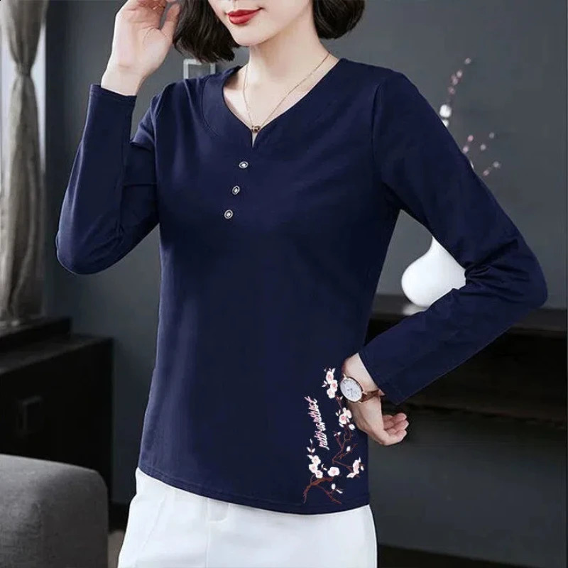 Womens Clothing Spring Autumn Plant Flowers Printing Pullover Geometric Round Neck Long Sleeve T-shirt Flattering Korean Tops 240806