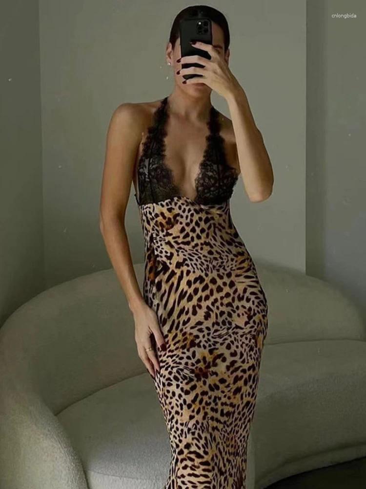 Casual Leopard Long Dress: Sexy Backless Lace Patchwork Summer Dress For Women B4