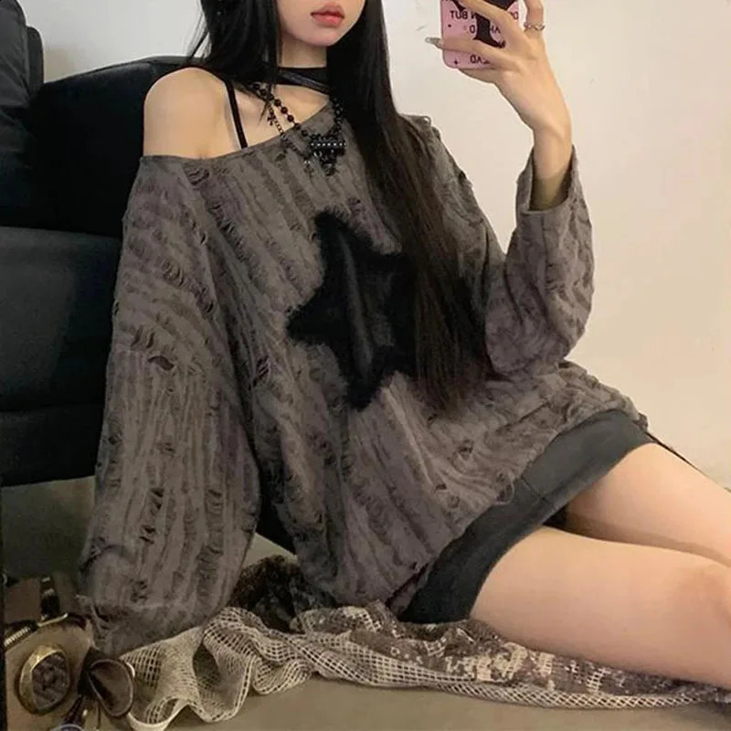 Y2K Hole Star Printed T-shirt Womens Fashion Street Clothing Shoulder Top Summer Oversized Kpop Long Sleeve Loose T-shirt Womens Style 240826