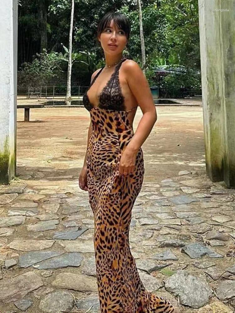 Casual Leopard Long Dress: Sexy Backless Lace Patchwork Summer Dress For Women B4