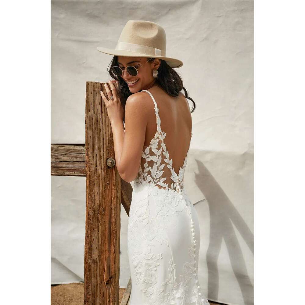 Mermaid Wedding Dresses For Woman Bridal Satin Spaghetti Straps Backless Appliques Robe De Mariee Custom Made