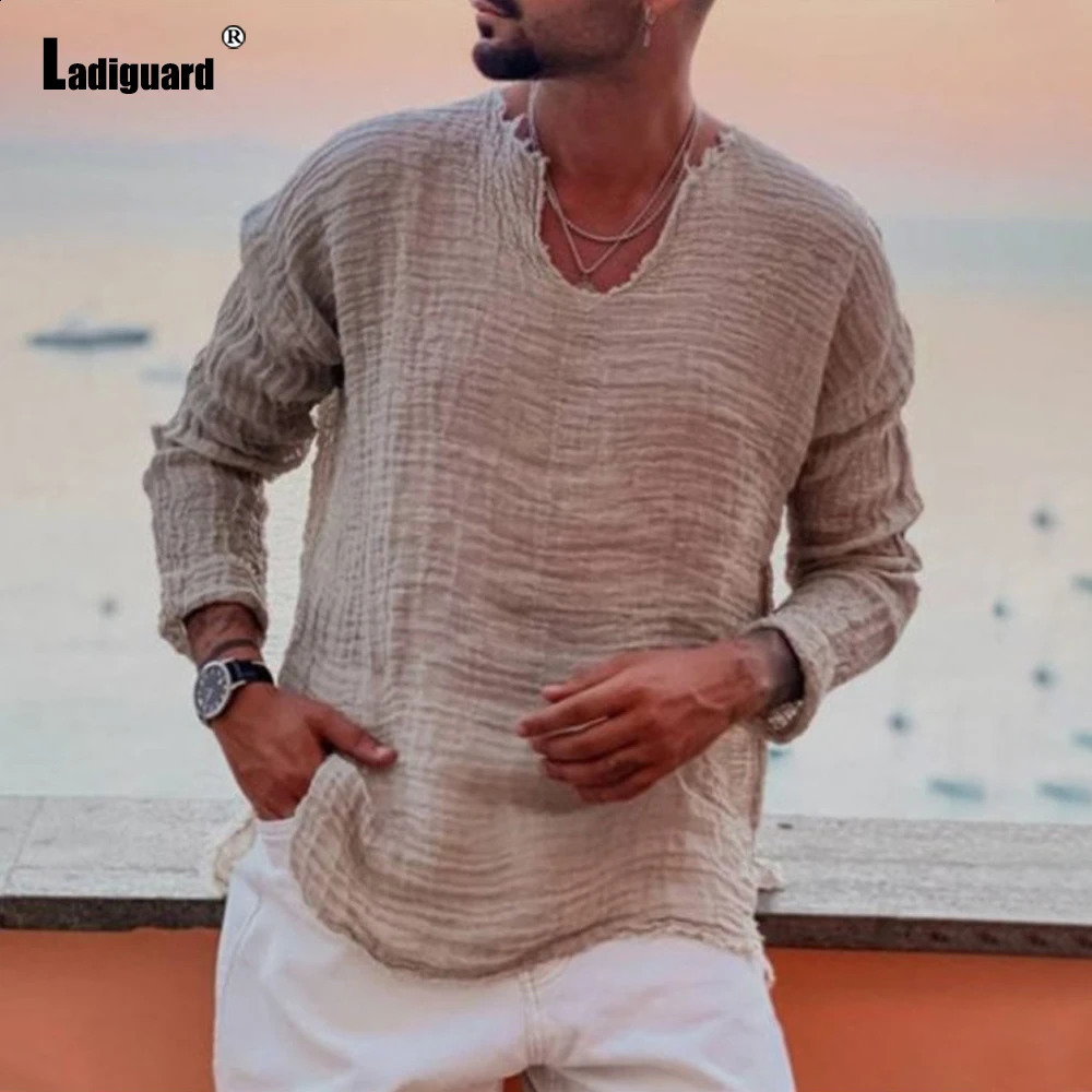 Mens Patchwork T-shirt Men Long Sleeve Fashion Ripped Cotton Tops Latest Summer Casual Linen Pullovers Sexy Mens clothing 240812