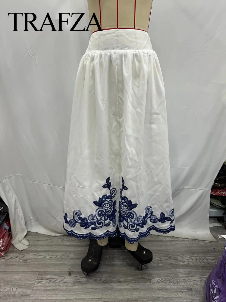 TRAFZA Elegant Women White Blue Embroidery High Waist Midi Skirt Loose Fit Woman Elastic Waist A Line Long Skirts For Holiday 240724