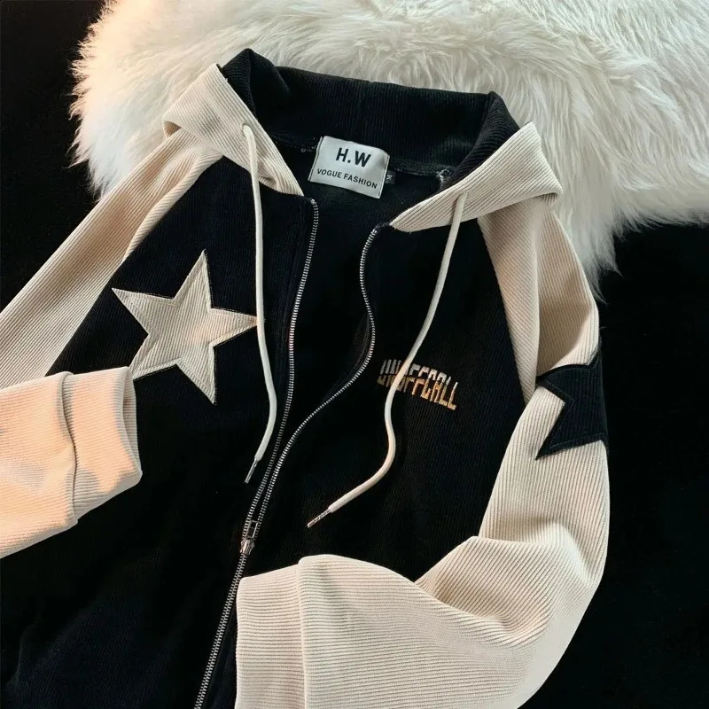 Y2K Harajuku Style Fashion Star Patch Zipper Hooded Women Streetwear Casual Joker Sweatshirt Unisex Stitching Tops 240806