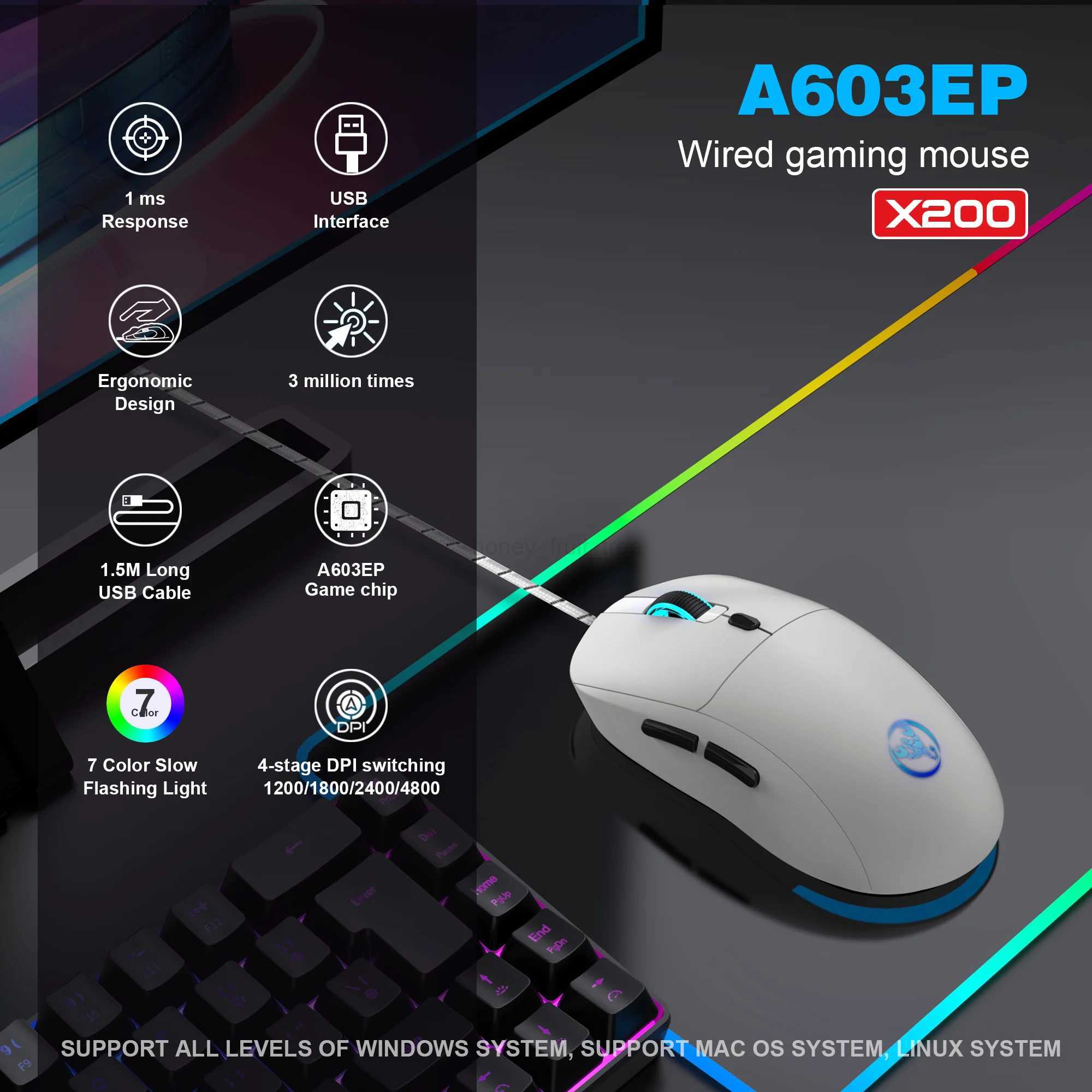6 Keys Wired Gaming Mouse Adjustable 3600dpi 7 Colors RGB Comfortable Mice for Home Office Laptop Computer GamerM240725 - view 6