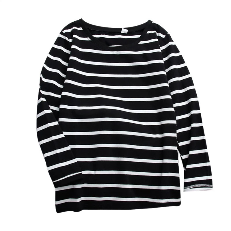 Womens loose striped printed top autumn round neck long sleeved casual simple wild T-shirt womens black and white cotton top T-shirt 240826