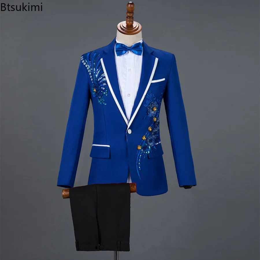 Fashion Sequin Embroidery Suit Men Wedding Groom Tuxedo Suits and Pants 2PCS Sets Single Button Lapel Stage Costume 240807