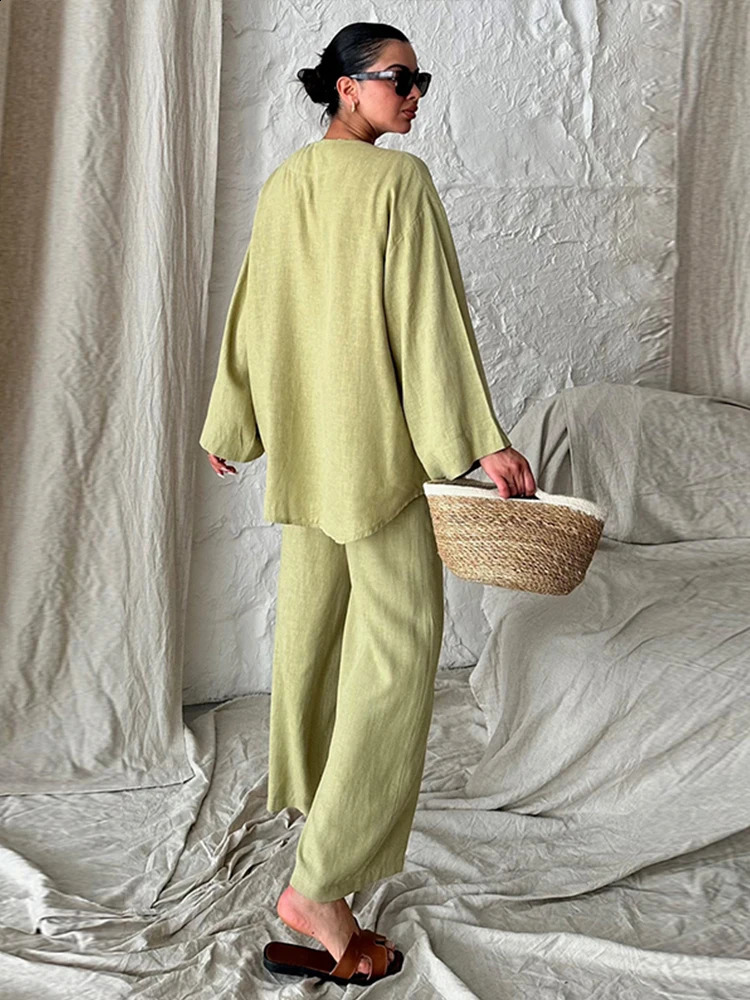 Cotton Two Piece Set Women Casual Lace Up Bow V Nack Female Shirt Suits Wide Leg Pants Autumn in Matching Lady Outfits 240725