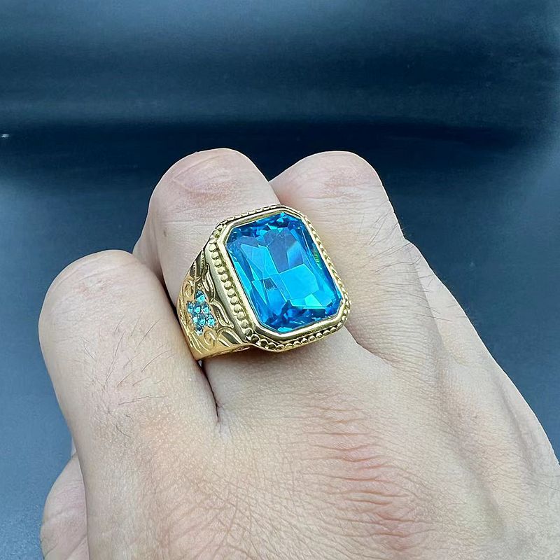 Hip Hop Casting Ring Ice Blue Rhinestone Titanium Steel Gold Plated Mens Jewelry