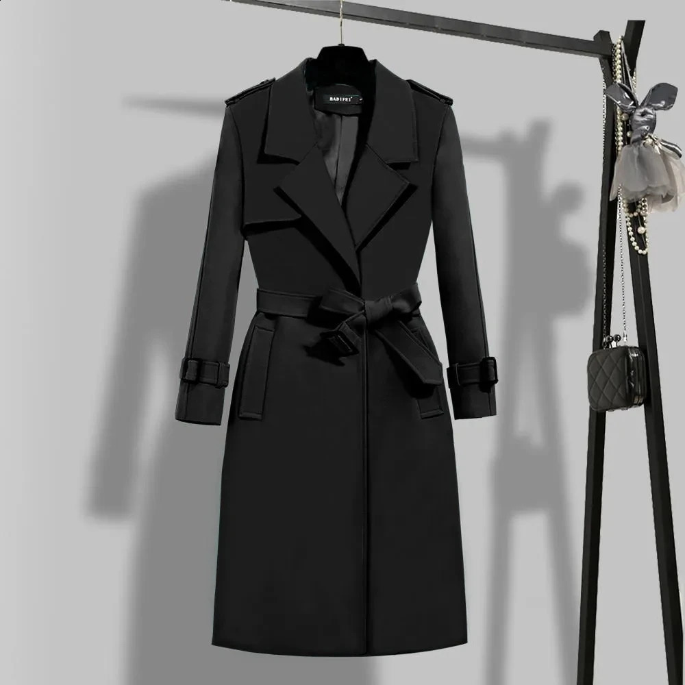 Elegant Belt Long Trench Coat Women Spring One Button Lined Slim Gabardina Office Lady Turndown Collar Fall Overcoat 240725