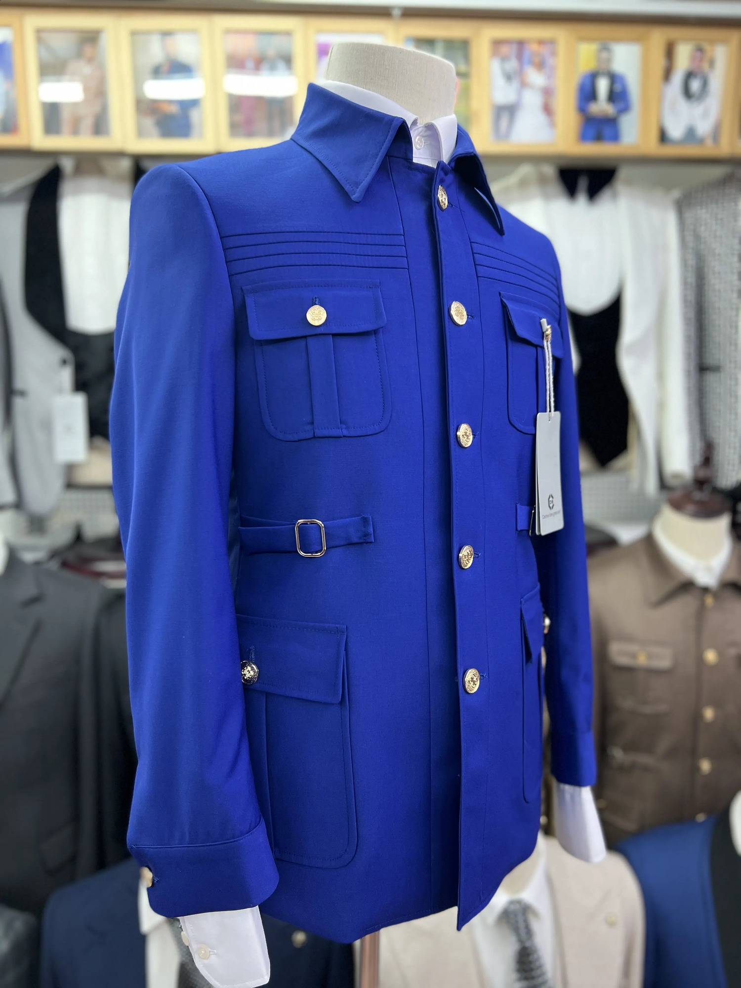 Cenne Des Graoom Safari Men Suits Gold Button Square Collar TailorMade Formal Casual Business Official Wear Costume Homme Blue 240724