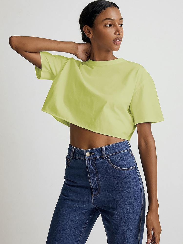 Short Sleeve T-Shirt Women's Summer New Cotton Solid Color Short Exposed Neck Round Neck Sports Style T-Shirt Tops