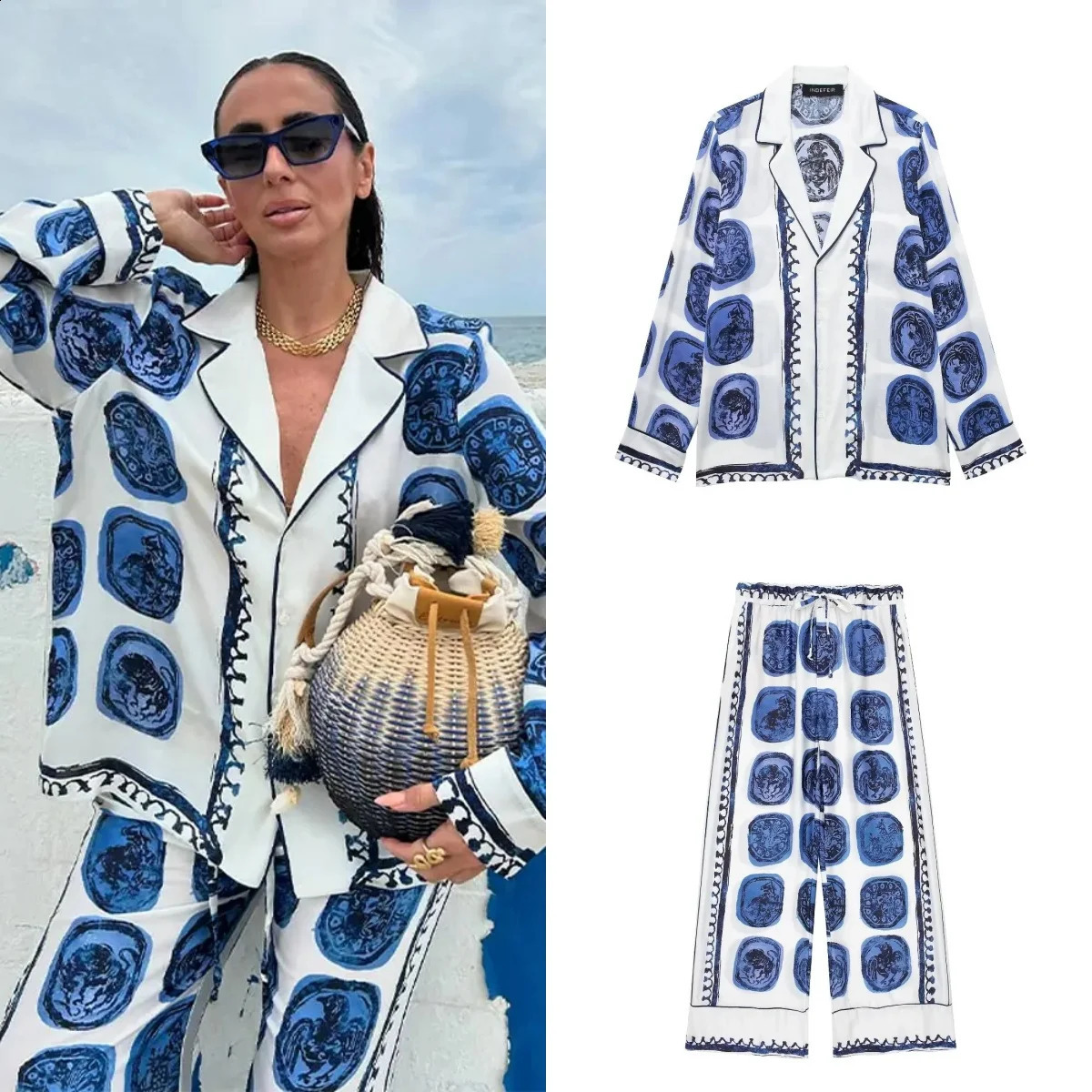 Vintage Blue Print Shirt Pants Suits For Women Casual Lapel Buttons Tops Wide Leg Pants Sets 2024 Pajama Style Streetwear 240724