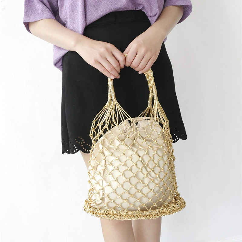 Gold silver 2 color bright paper ropes hollow woven handbag cotton lining straw bag female Reticulate handbag netted beach bag 240724