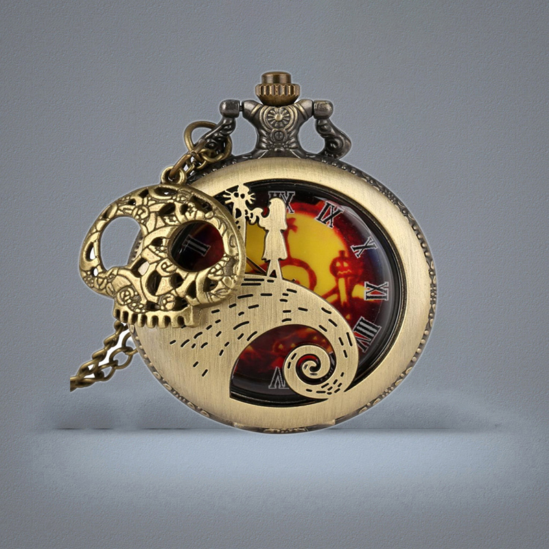 Vine Antique Watch Hollow Case the Nightmare Before Christmas Unisex Quartz Analog Pocket Watches Skull Accessory Necklace Chai