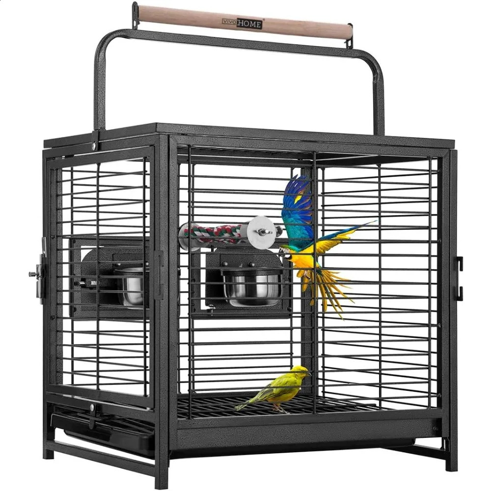 19 Inch Wrought Iron Bird Travel Cage for Parrots Conures Lovebird Cockatiel Parakeets Black 240724