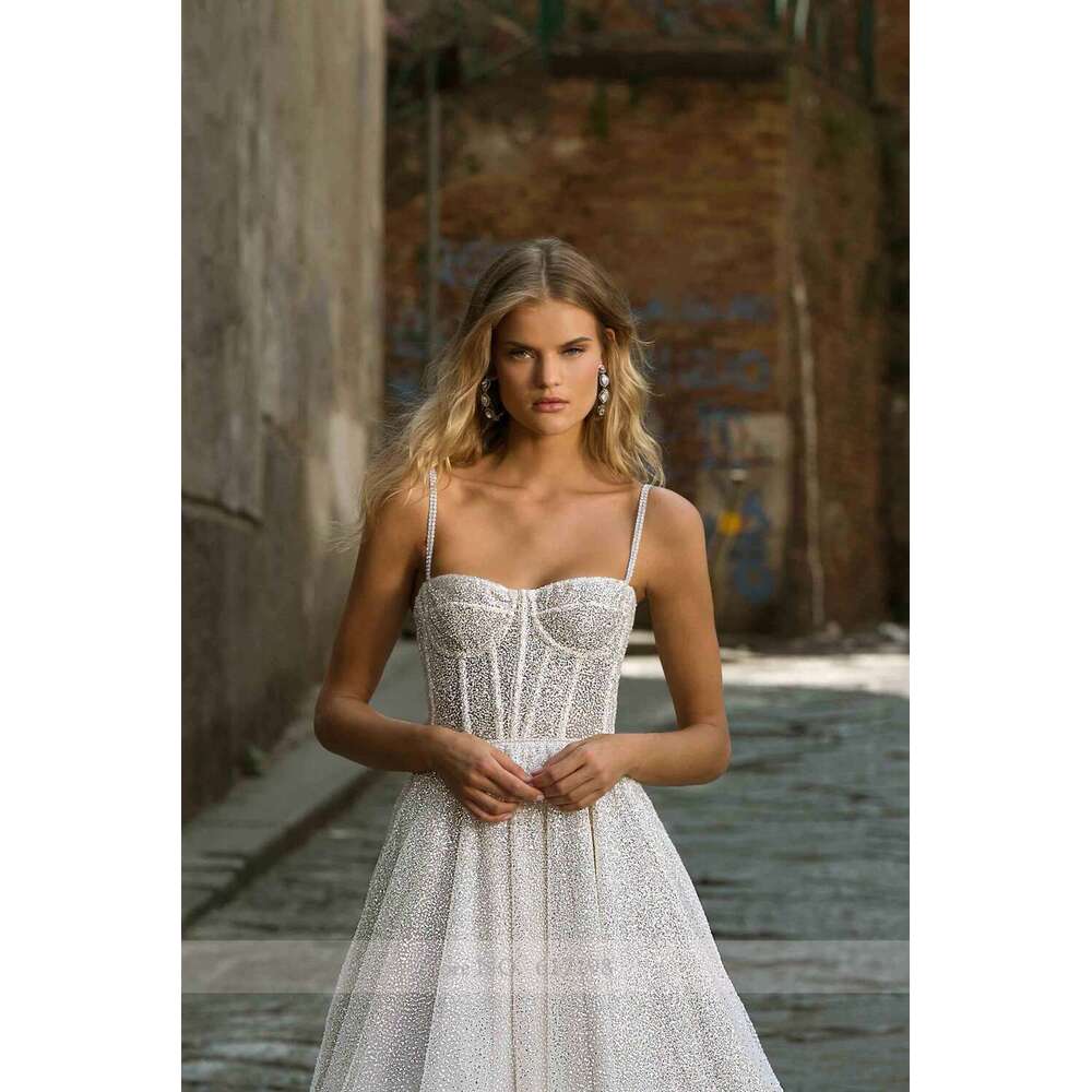 Captivating Sparkly Sequins Pleated Dress for Women Spaghetti Straps A-e Court Wedding Party Gown vestido novias boda