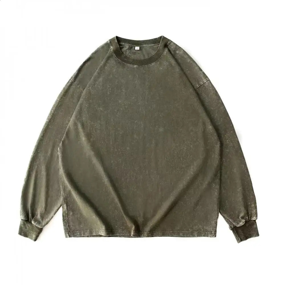240G Heavy Washed-out Vintage Pure 100% Cotton Long-Sleeve T-shirt Men and Women Loose Spring and Autumn round Neck Sweater 240812