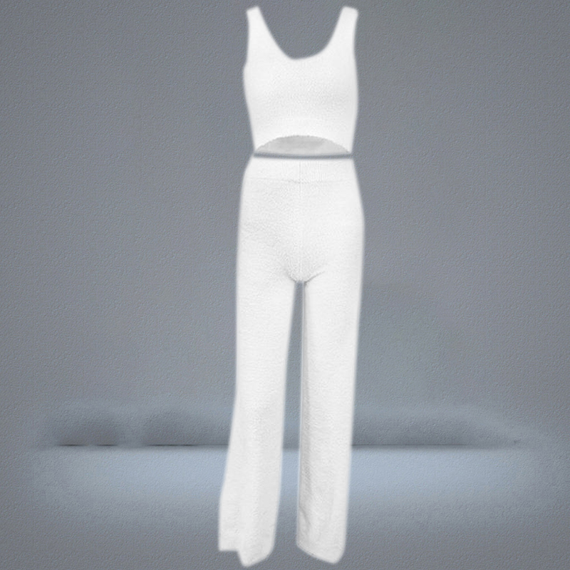 Women039s Tracksuits Women Sexy 2 Piece Fuzzy Plush Outfits VNeck Backless Crop Top Long Pants Winter Sweater Solid Color Paja