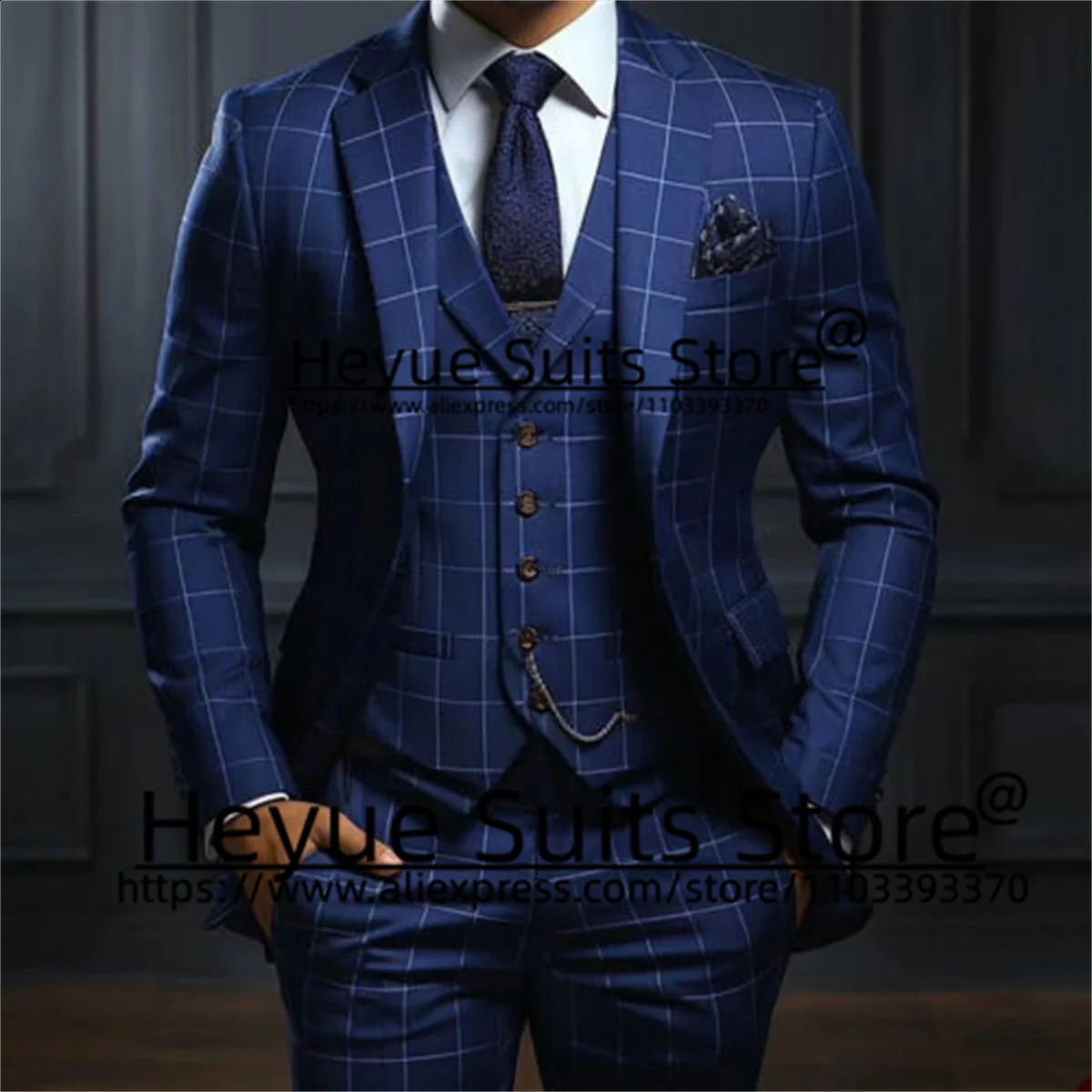 Navy Blue Plaid Luxuly Men Suits Slim Fit Notched Lapel Groom Formal Tuxedos Prom 3 Pcs Sets Business Male Blazer Costume Homme 240807