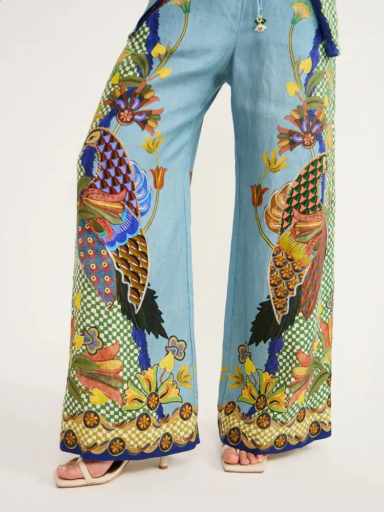 Women Loose Print Pants Suits Bubble Long Sleeve Turn Down Collar Shirts Wide Leg Pant 2 Piece Sets Elegant Ladies Streetwear 240724