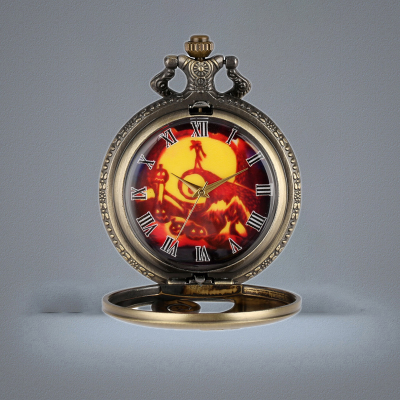 Vine Antique Watch Hollow Case the Nightmare Before Christmas Unisex Quartz Analog Pocket Watches Skull Accessory Necklace Chai