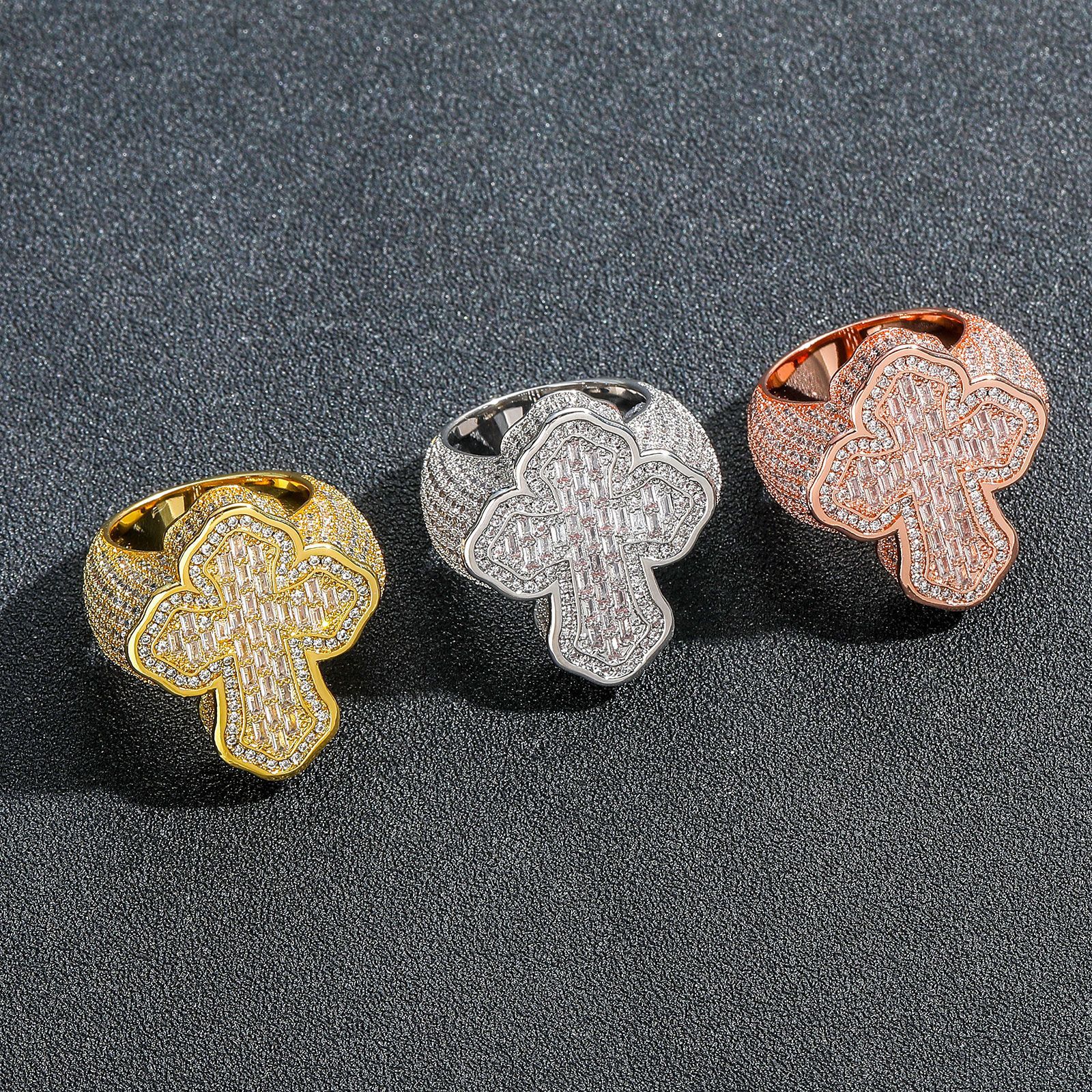 Hip Hop Cross Ring 18K Real Gold Plated Micromosaic T Zircon Cool Men Jewelry