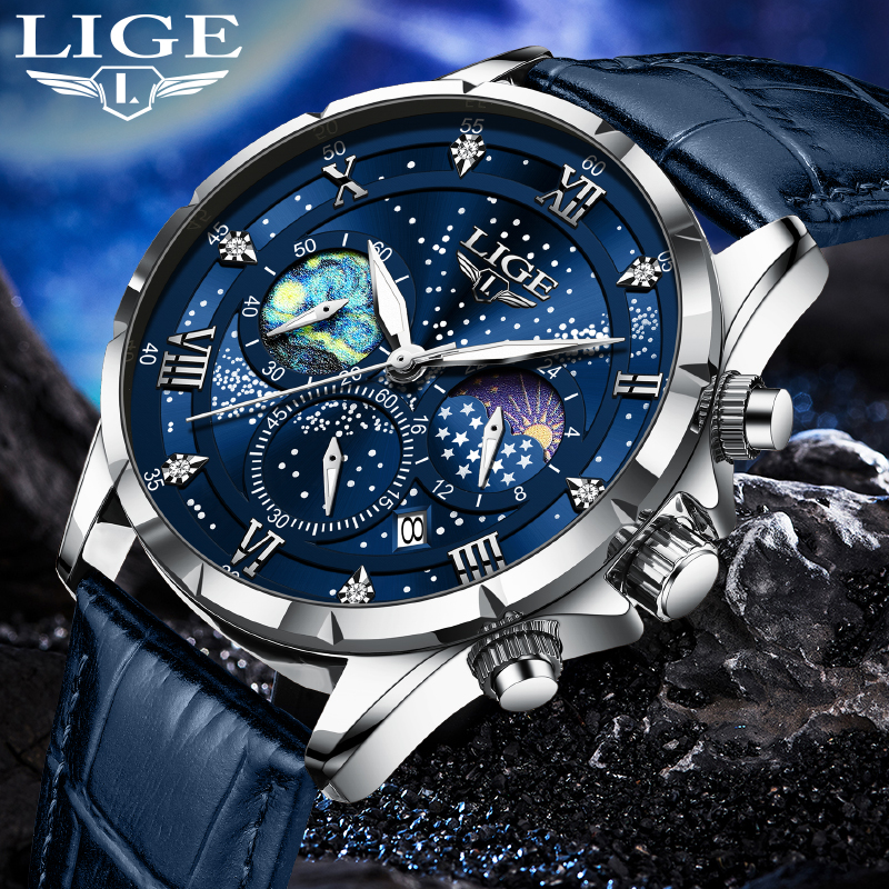 LIGE Men Watches Casual Sport Watch Men Luxury Waterproof Date Luminous Chronograph Wristwatch Male Quartz Watches Leather Clock Star watch