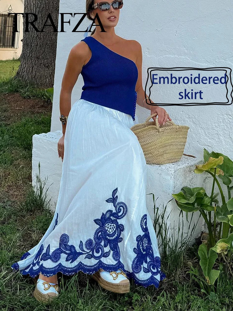 TRAFZA Elegant Women White Blue Embroidery High Waist Midi Skirt Loose Fit Woman Elastic Waist A Line Long Skirts For Holiday 240724