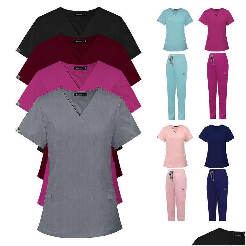 Womens Two Piece Pants Scrubs For Women Uniform Zip Up Figs Set New Arrival Product Non-Ironing Show Thinness Long Versatile Printing Dhfsz