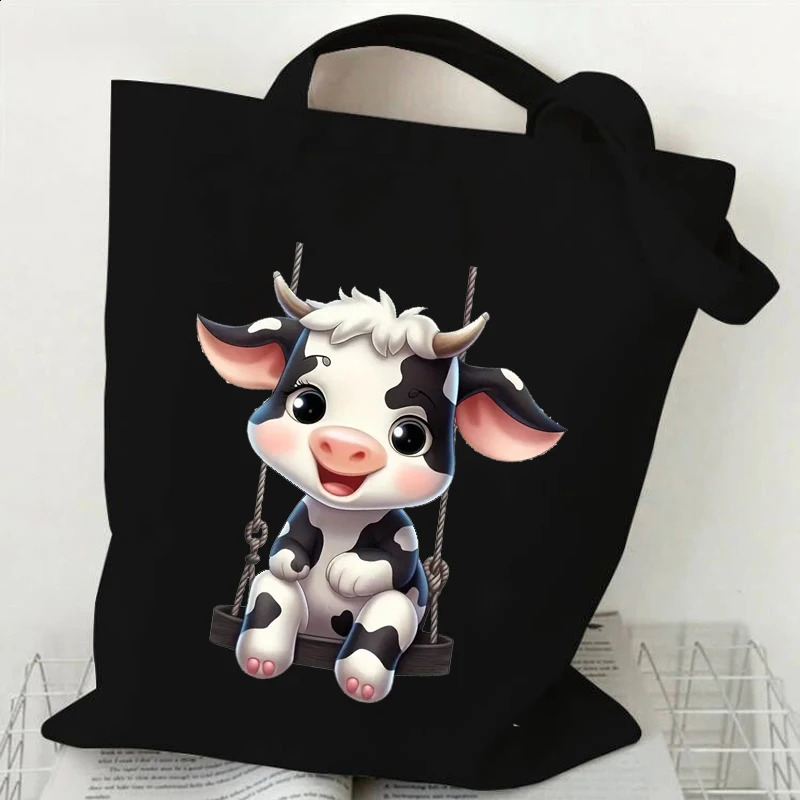 Cute Cow Print Canvas Tote Bag Womens Large Capacity Beach Shoulder Bag Student Casual Travel Shopping Bags Cartoon Cow Handbag 240724