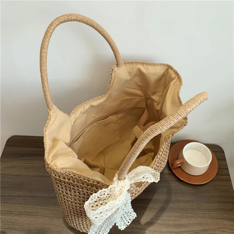 Fashion Large Capacity Shoulder Shopper Women Straw Woven Beach Bag Basket Handbag Bohemia Rattan Knitted Top Handle Bags 240723