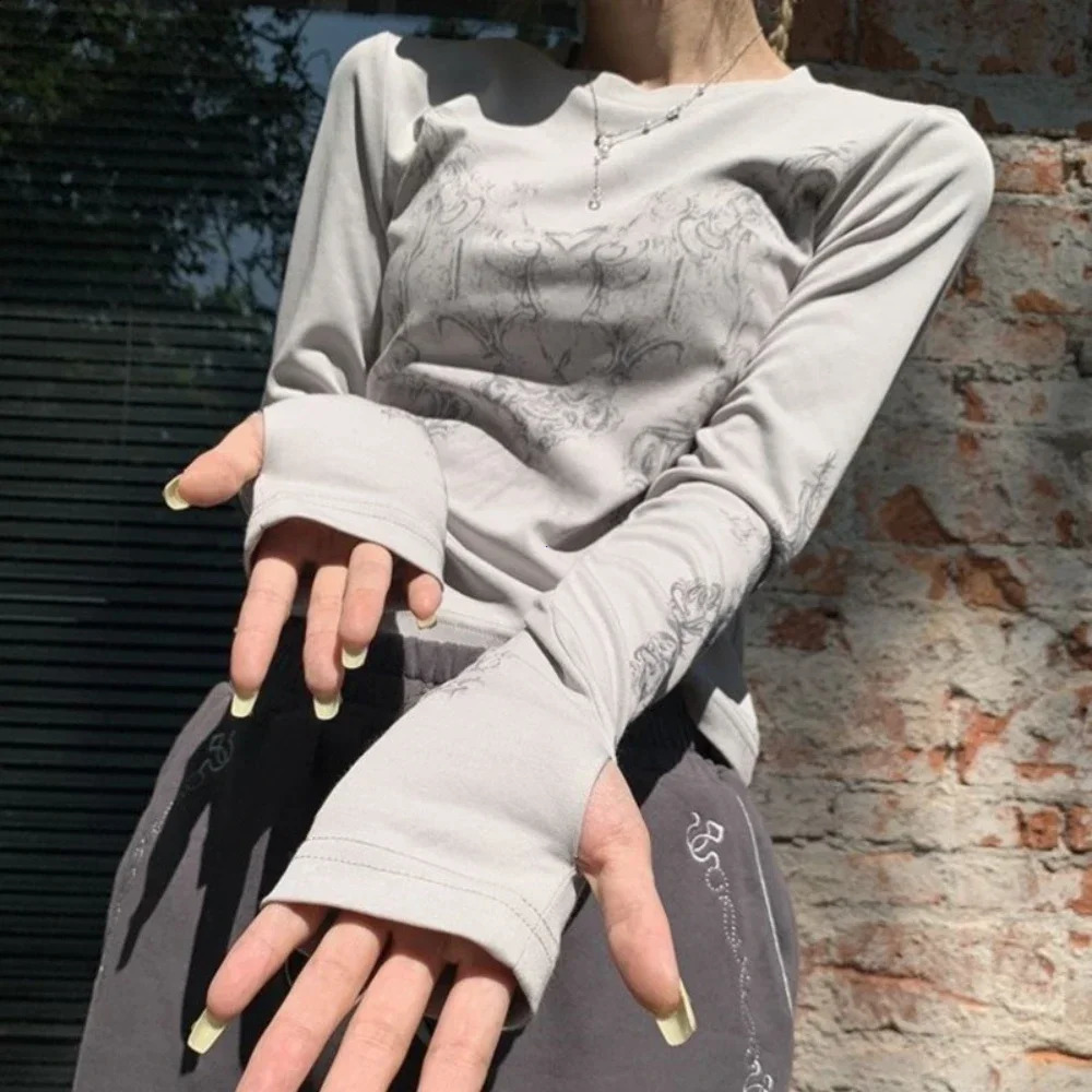 Vintage womens Y2K T-shirt Blusas O-neck long sleeved printed Tunic womens clothing fashion casual crop top shirt 240826