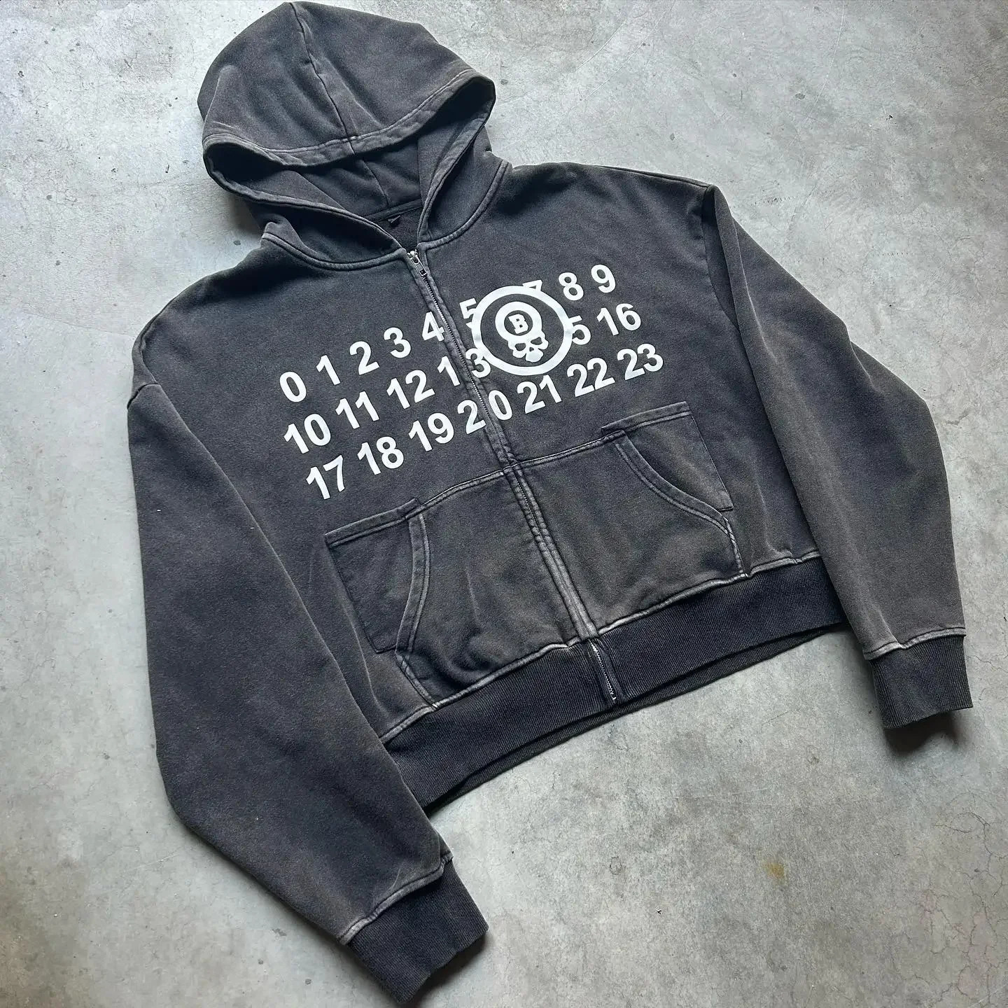 Ultra fine hoodie womens washed out skeleton printed jacket American retro zipper cardigan streetwear Y2k clothing 240809