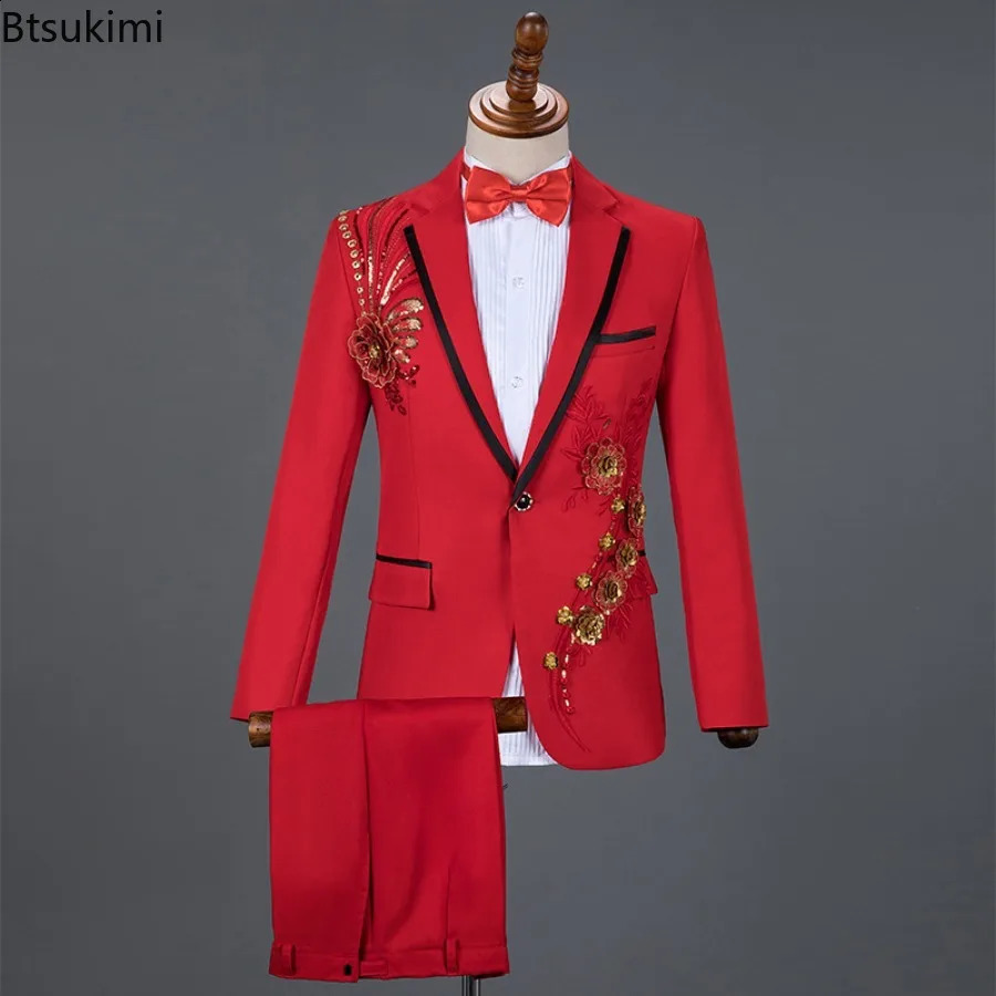 Fashion Sequin Embroidery Suit Men Wedding Groom Tuxedo Suits and Pants 2PCS Sets Single Button Lapel Stage Costume 240807