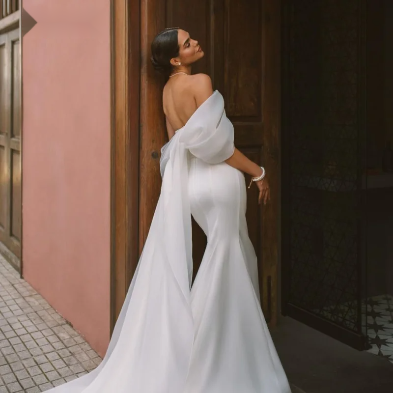 Elegant Sweetheart Mermaid Wedding Dress Women White Off The Shoulder Open Back Satin Bridal Gown Sweep Train Vestidos De Novia 0213
