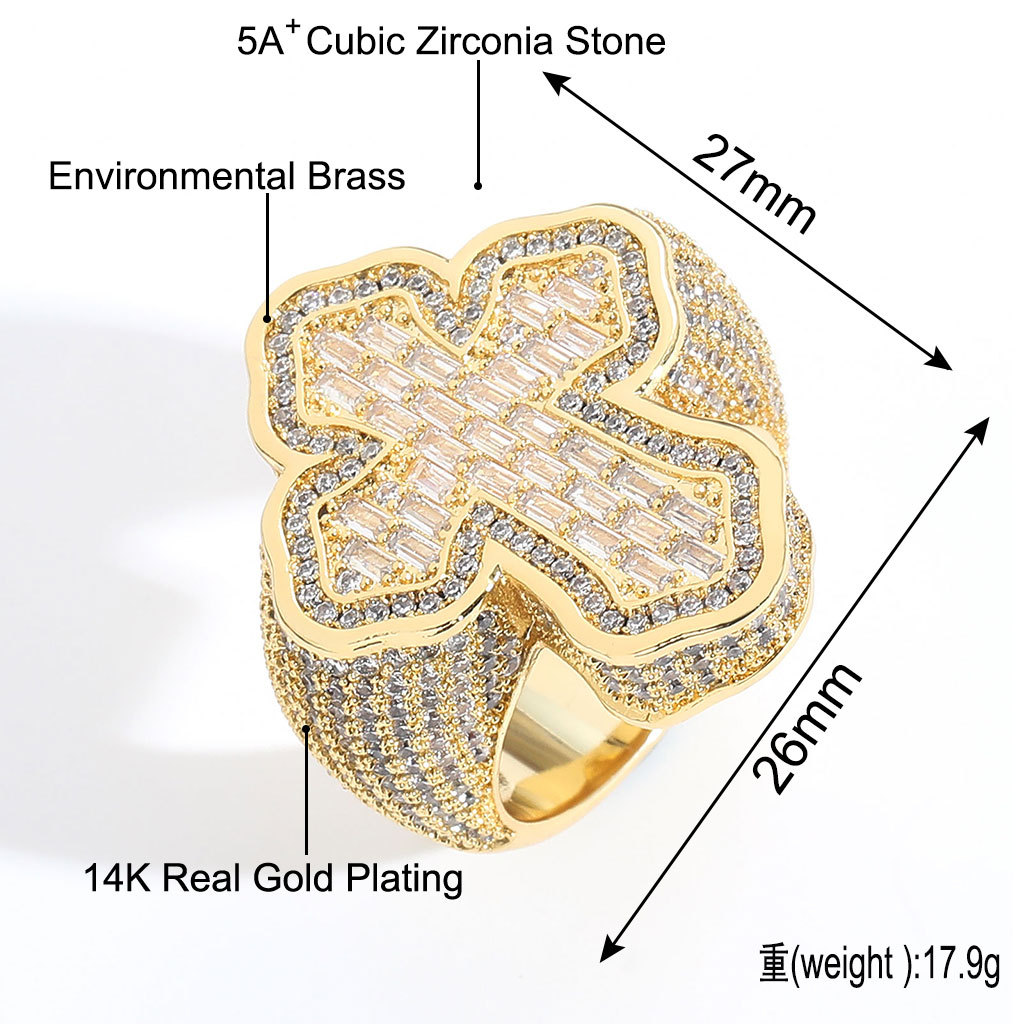 Hip Hop Cross Ring 18K Real Gold Plated Micromosaic T Zircon Cool Men Jewelry