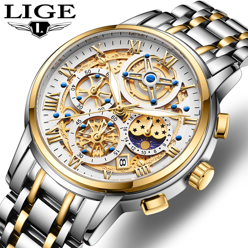 LIGE Men's Quartz Watch Multi-function Chronograph 24-hour Moon Phase Men's Business Waterproof watch stainless steel strap Quarzuhr