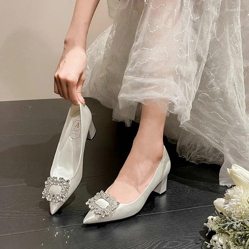 Dress Shoes White Thick Heels Wedding 2024 Bridal Dia Buckle Pregnant Women Pumps