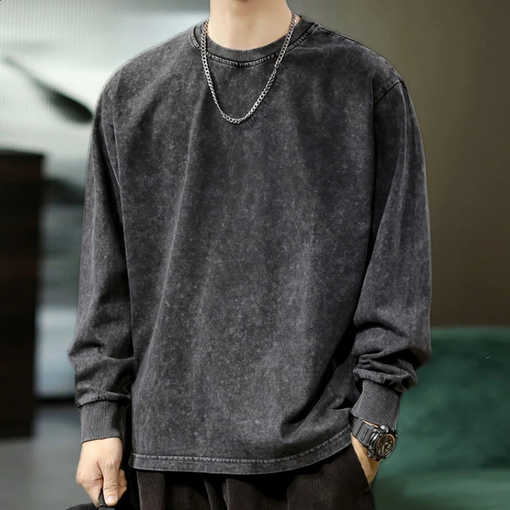 240G Heavy Washed-out Vintage Pure 100% Cotton Long-Sleeve T-shirt Men and Women Loose Spring and Autumn round Neck Sweater 240812