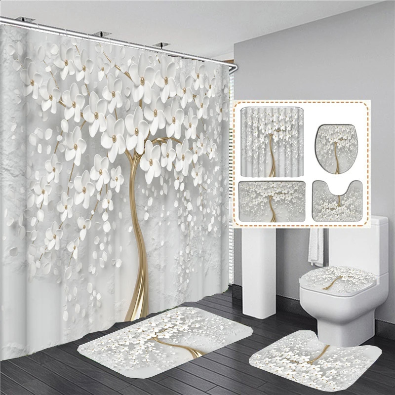 Elegant Bouquet of Fantastic White Flowers 3D Style Shower Curtain Bathroom Curtain with Bath Rug Carpet Set Floral Home Decor 240723
