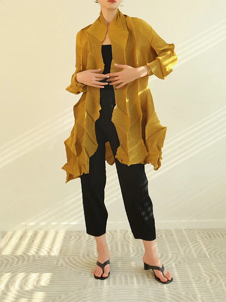GVUW Fold Trench For Women Autumn Summer Long Sleeves Open Stitch Loose Pleated Coat Ladies Sun Protection Clothing 25D1036 240716