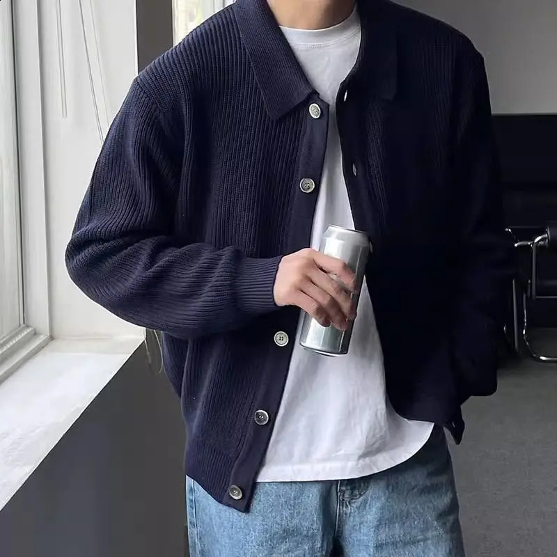 Korean Casual Spring Autumn Knitted Cardigan Sweaters Coat Men Lapel Solid Versatile Loose Long Sleeve Navy Blue Heavy Jackets 240717