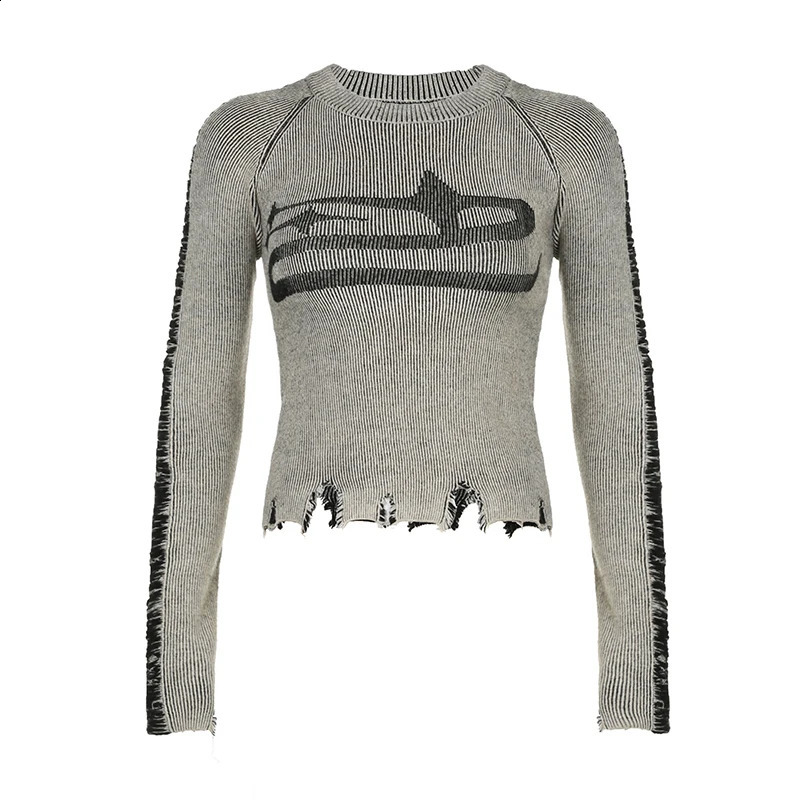 CIBBAR Vintage Ripped Stitched Sweater Pullovers Harajuku Print Full Sleeve Jumpers for Women Autumn Winter Knitwears Streetwear 240726